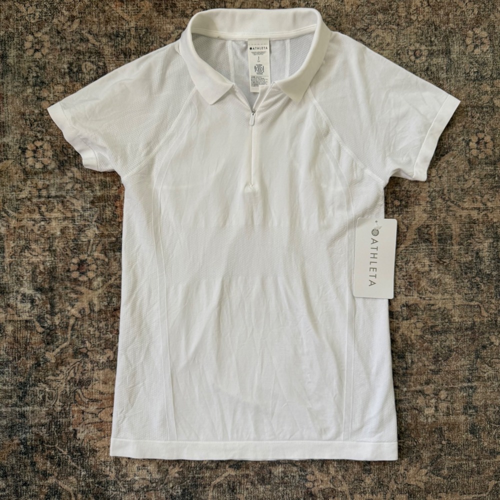 NWT Athleta Momentum Seamless Polo Tee White Short Sleeve Quarter Zip Shirt S